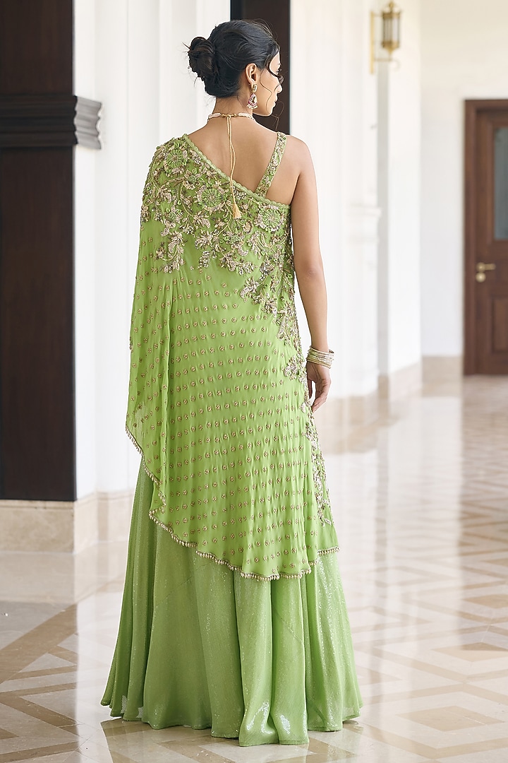 Light Green Crepe Embellished Cape Set by AWIGNA BY VARSHA & RITTU at Pernia's Pop Up Shop