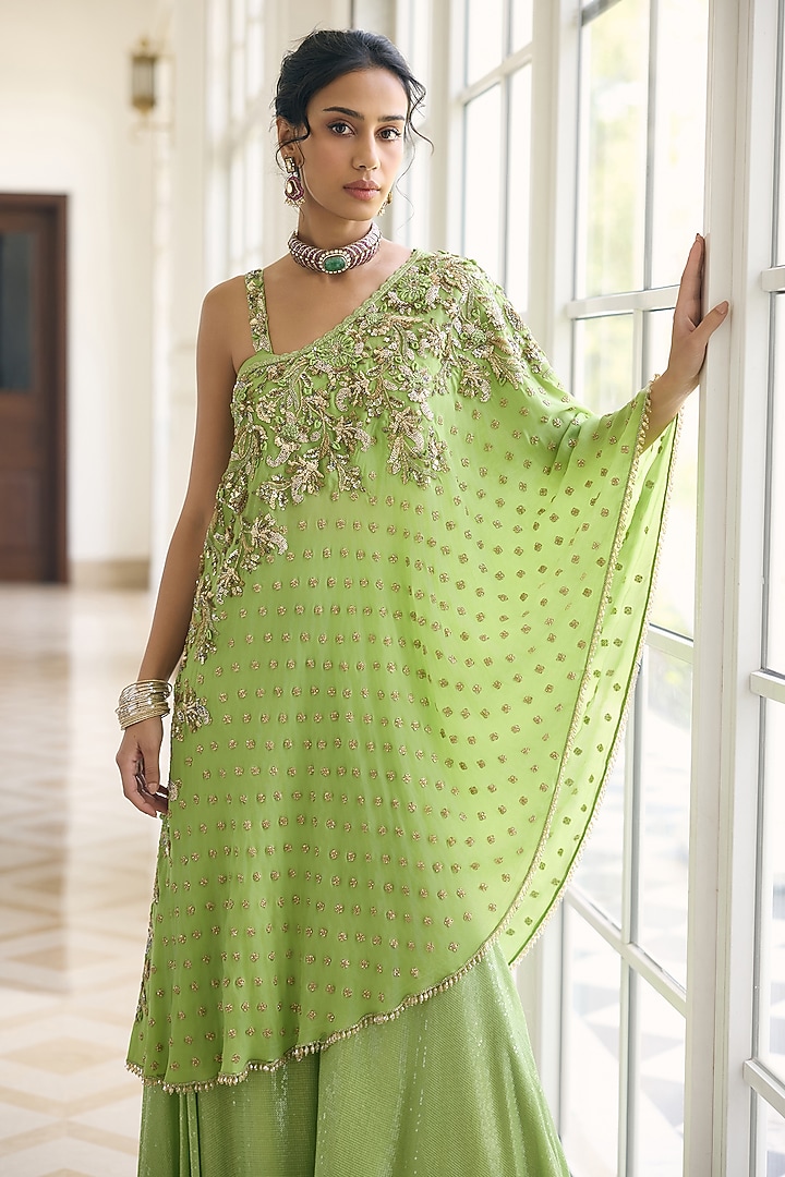 Light Green Crepe Embellished Cape Set by AWIGNA BY VARSHA & RITTU at Pernia's Pop Up Shop