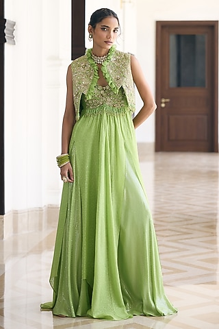 Light Green Flat Organza Skirt Set by AWIGNA BY VARSHA & RITTU