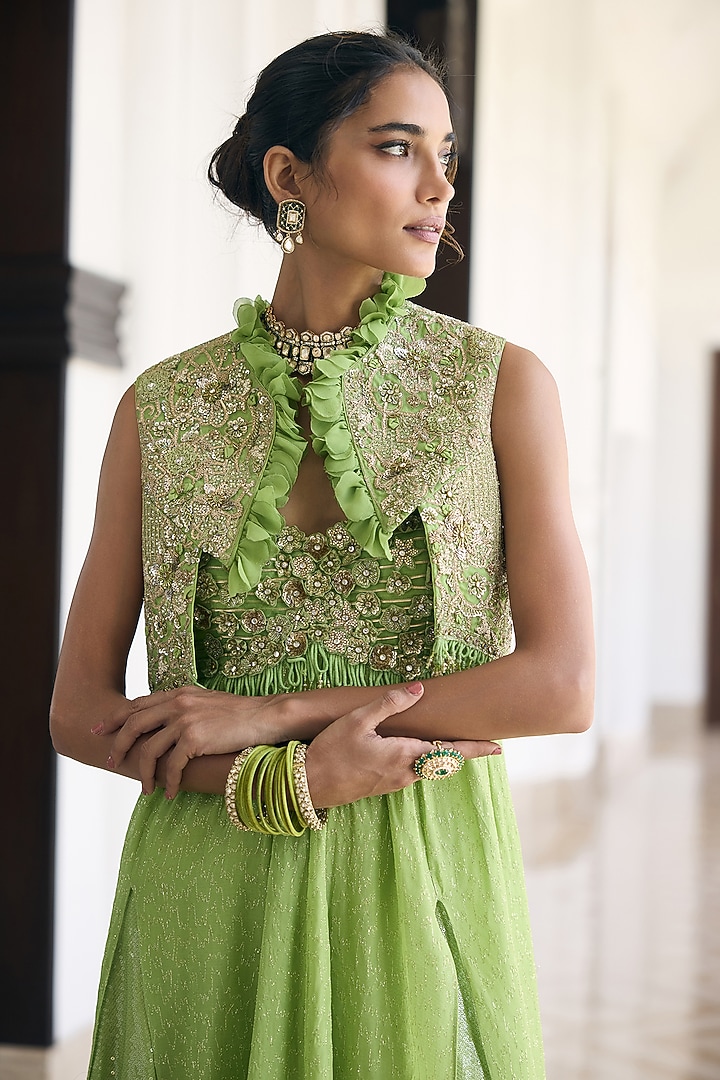 Light Green Flat Organza Skirt Set by AWIGNA BY VARSHA & RITTU at Pernia's Pop Up Shop