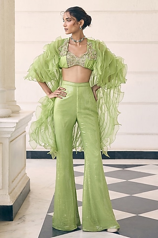 Light Green Organza & Sequin Embellished Pant Set by AWIGNA BY VARSHA & RITTU
