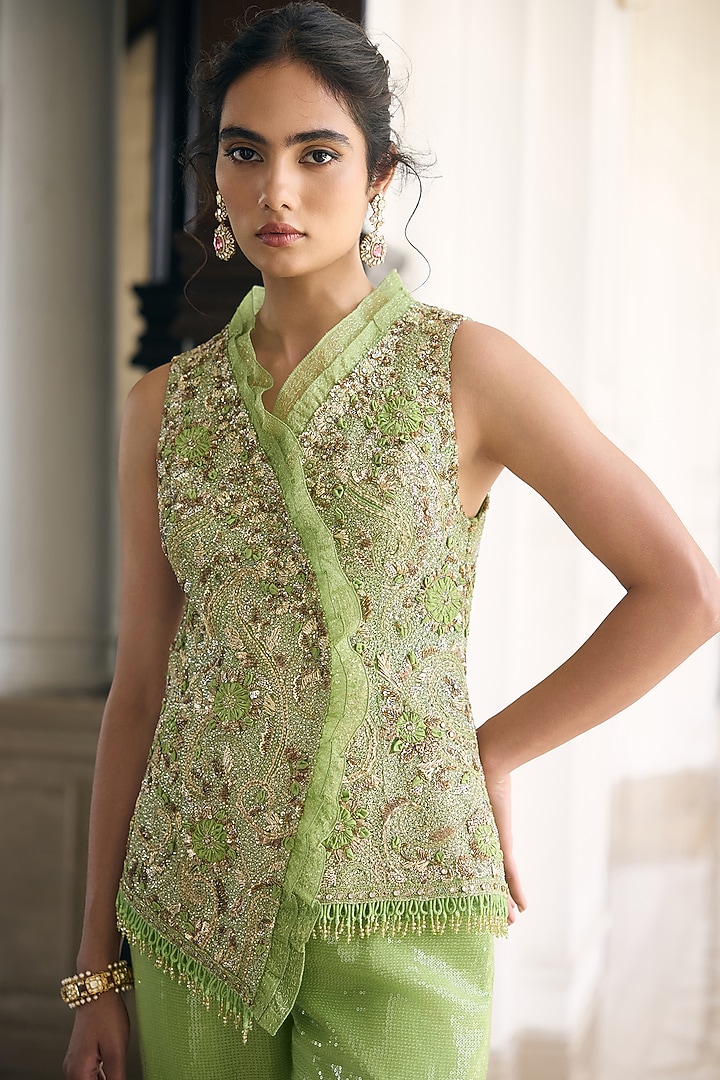 Forest Green Net & Sequins Embellished Pant Set by AWIGNA BY VARSHA & RITTU at Pernia's Pop Up Shop