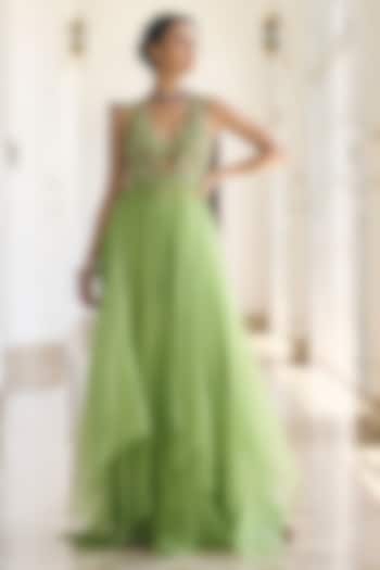 Green Organza & Chiffon Embellished Skirt Set by AWIGNA BY VARSHA & RITTU at Pernia's Pop Up Shop