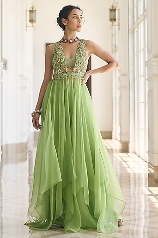 Green Organza & Chiffon Embellished Skirt Set  by AWIGNA BY VARSHA & RITTU