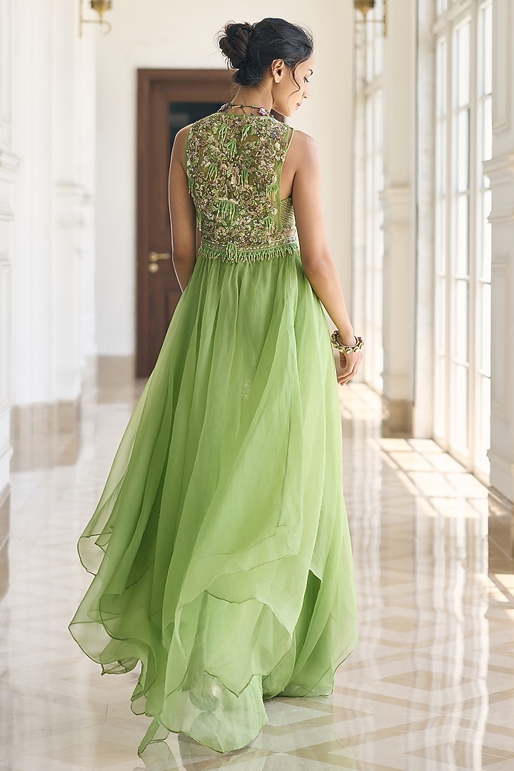 Green Organza & Chiffon Embellished Skirt Set by AWIGNA BY VARSHA & RITTU at Pernia's Pop Up Shop