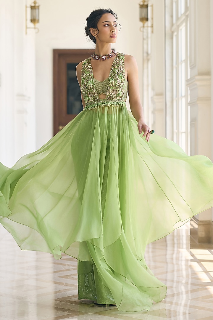 Green Organza & Chiffon Embellished Skirt Set by AWIGNA BY VARSHA & RITTU at Pernia's Pop Up Shop