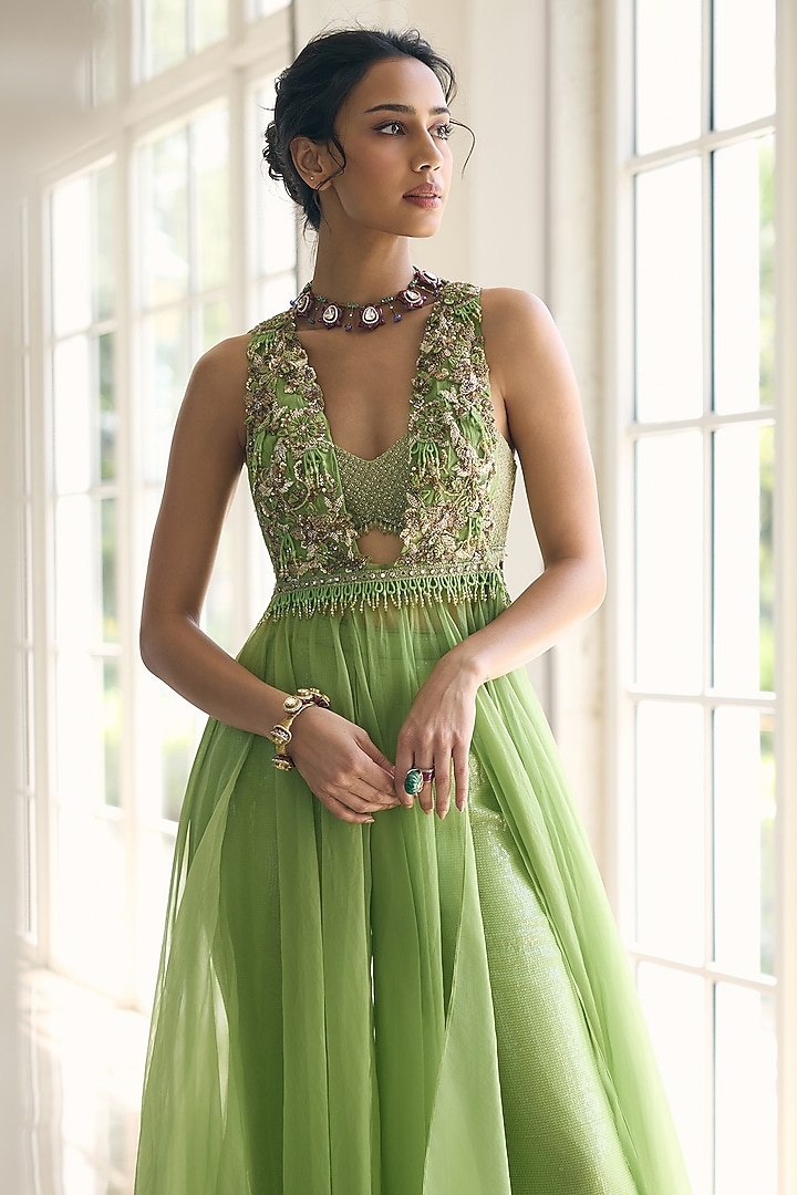 Green Organza & Chiffon Embellished Skirt Set by AWIGNA BY VARSHA & RITTU at Pernia's Pop Up Shop