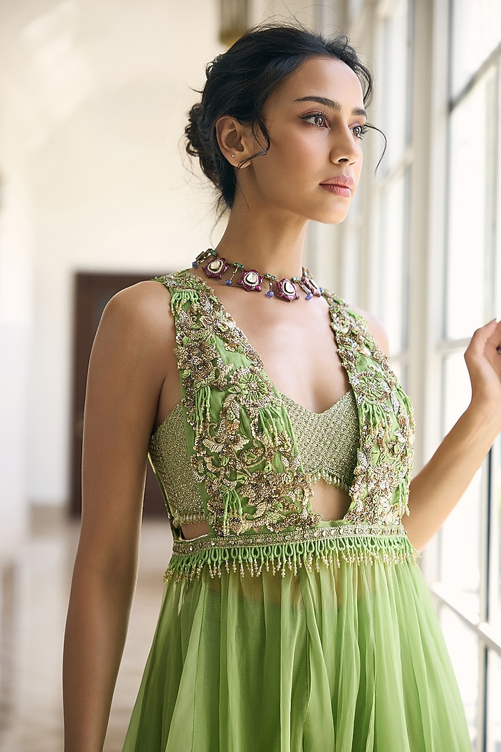Green Organza & Chiffon Embellished Skirt Set by AWIGNA BY VARSHA & RITTU at Pernia's Pop Up Shop