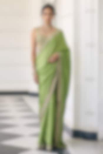 Light Green Satin Georgette Embellished Reception Saree Set by AWIGNA BY VARSHA & RITTU at Pernia's Pop Up Shop