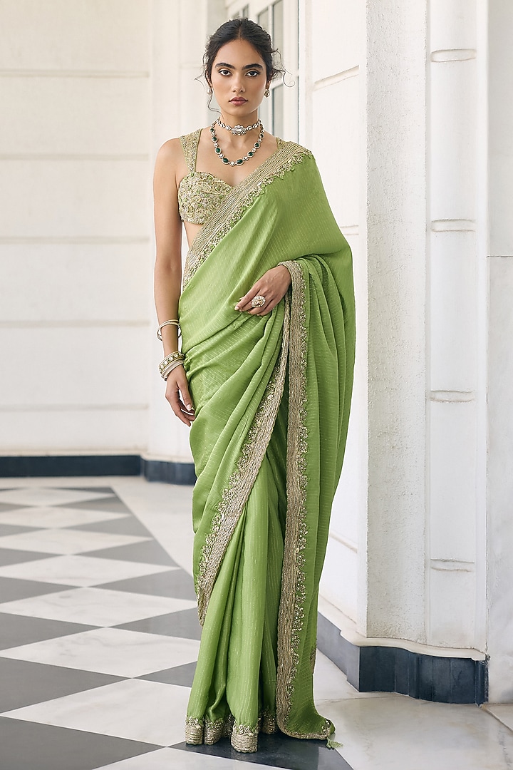 Light Green Satin Georgette Embellished Reception Saree Set by AWIGNA BY VARSHA & RITTU at Pernia's Pop Up Shop