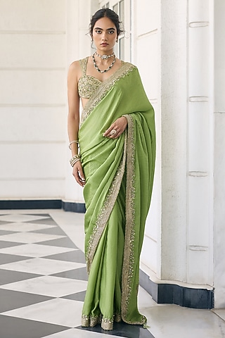 Light Green Satin Georgette Embellished Saree Set by AWIGNA BY VARSHA & RITTU