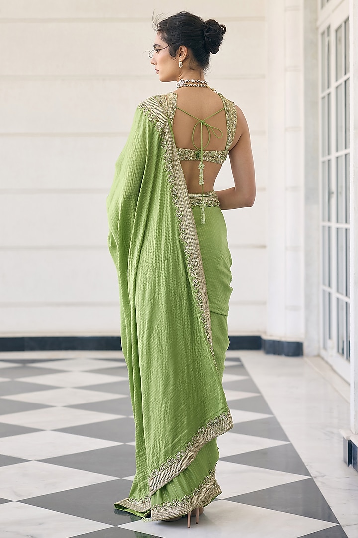 Light Green Satin Georgette Embellished Reception Saree Set by AWIGNA BY VARSHA & RITTU at Pernia's Pop Up Shop