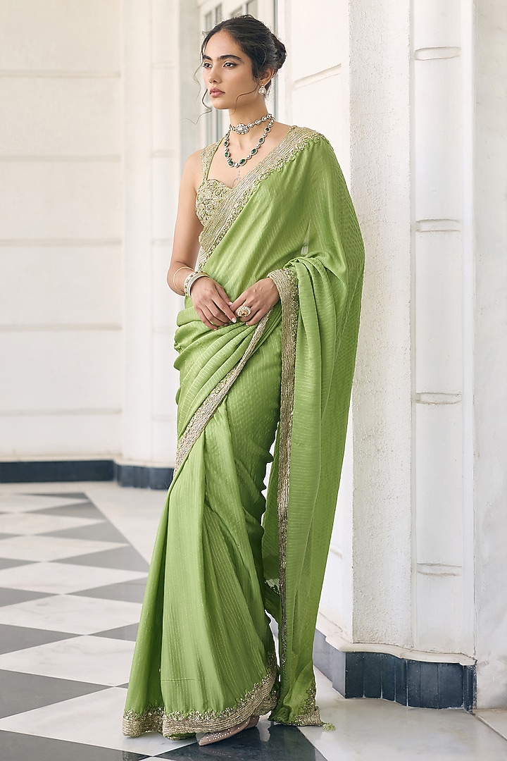 Light Green Satin Georgette Embellished Reception Saree Set by AWIGNA BY VARSHA & RITTU at Pernia's Pop Up Shop