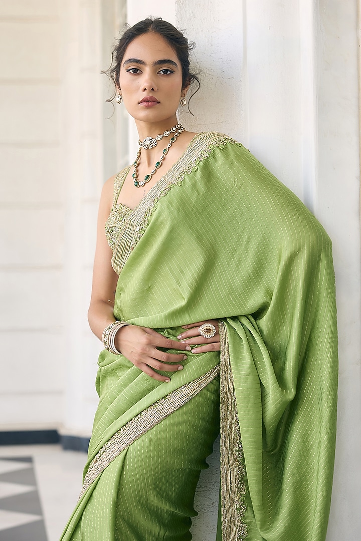Light Green Satin Georgette Embellished Reception Saree Set by AWIGNA BY VARSHA & RITTU at Pernia's Pop Up Shop