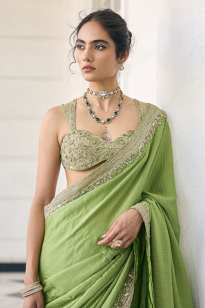Light Green Satin Georgette Embellished Reception Saree Set by AWIGNA BY VARSHA & RITTU at Pernia's Pop Up Shop