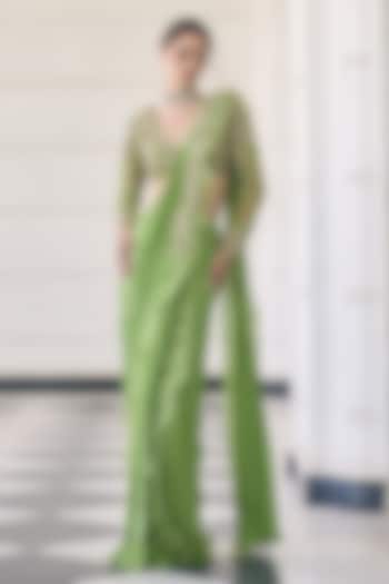 Green Chiffon & Organza Ruffled Embroidered Draped Wedding Saree Set by AWIGNA BY VARSHA & RITTU at Pernia's Pop Up Shop
