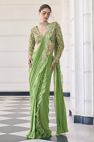 Green Chiffon & Organza Ruffled Embroidered Draped Saree Set by AWIGNA BY VARSHA & RITTU
