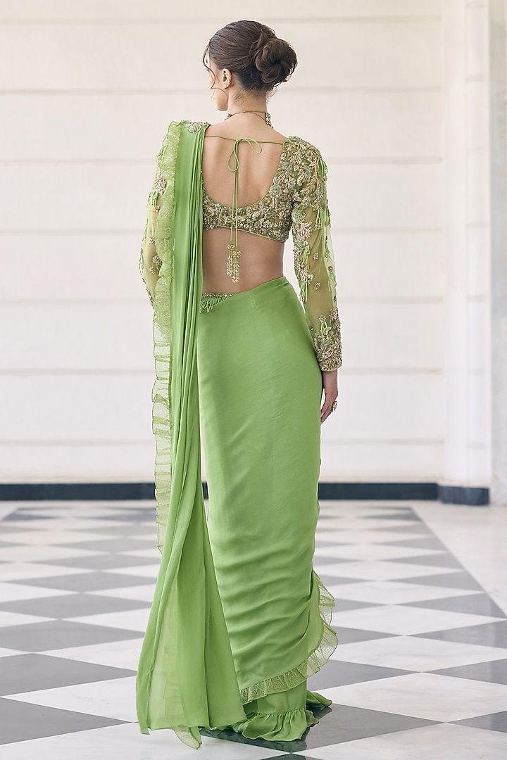 Green Chiffon & Organza Ruffled Embroidered Draped Wedding Saree Set by AWIGNA BY VARSHA & RITTU at Pernia's Pop Up Shop