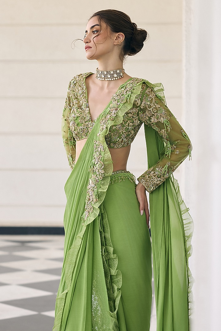 Green Chiffon & Organza Ruffled Embroidered Draped Wedding Saree Set by AWIGNA BY VARSHA & RITTU at Pernia's Pop Up Shop