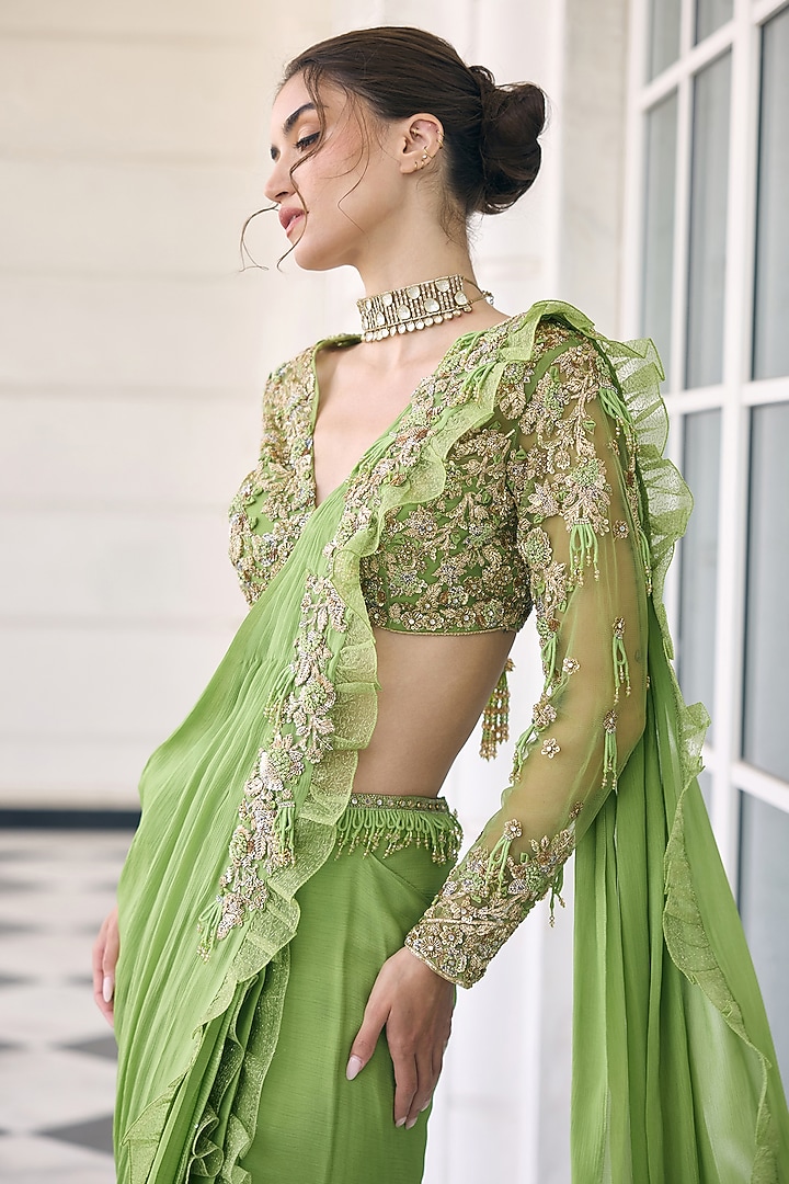 Green Chiffon & Organza Ruffled Embroidered Draped Wedding Saree Set by AWIGNA BY VARSHA & RITTU at Pernia's Pop Up Shop