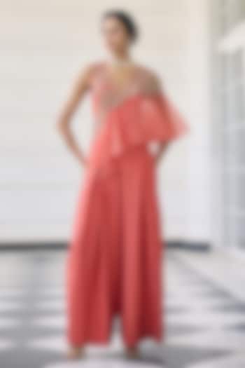 Coral Orange Silk & Organza Embellished Jumpsuit by AWIGNA BY VARSHA & RITTU at Pernia's Pop Up Shop