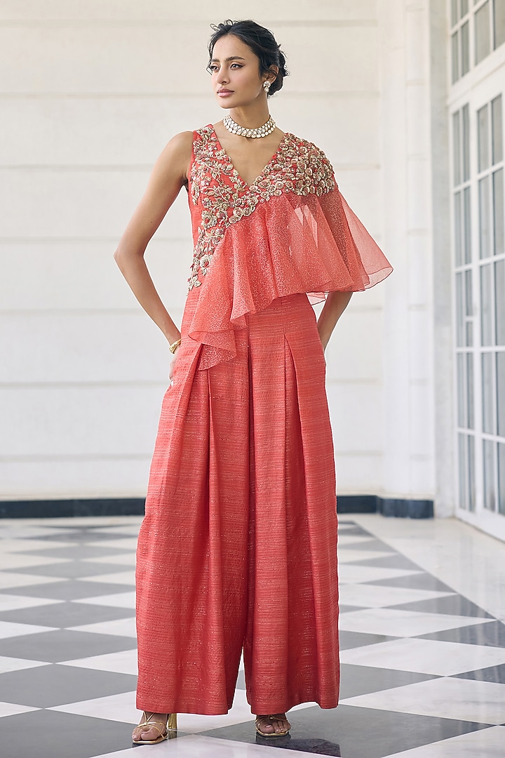 Coral Orange Silk & Organza Embellished Jumpsuit by AWIGNA BY VARSHA & RITTU at Pernia's Pop Up Shop
