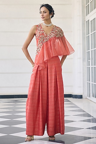 Coral Orange Silk & Organza Embellished Jumpsuit by AWIGNA BY VARSHA & RITTU