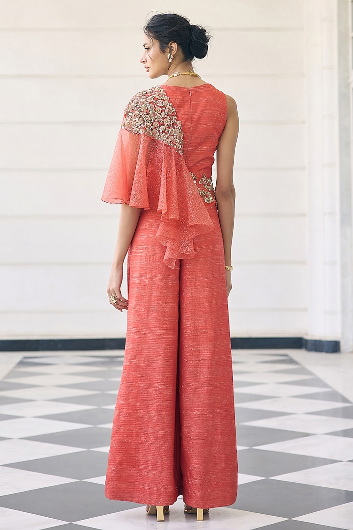 Coral Orange Silk & Organza Embellished Jumpsuit by AWIGNA BY VARSHA & RITTU at Pernia's Pop Up Shop