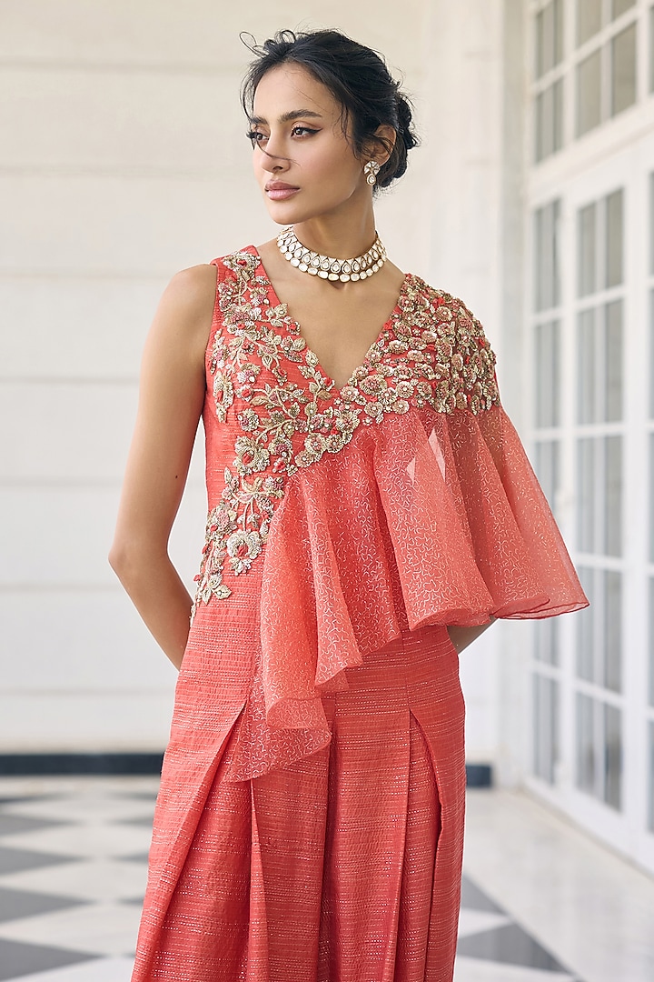 Coral Orange Silk & Organza Embellished Jumpsuit by AWIGNA BY VARSHA & RITTU at Pernia's Pop Up Shop