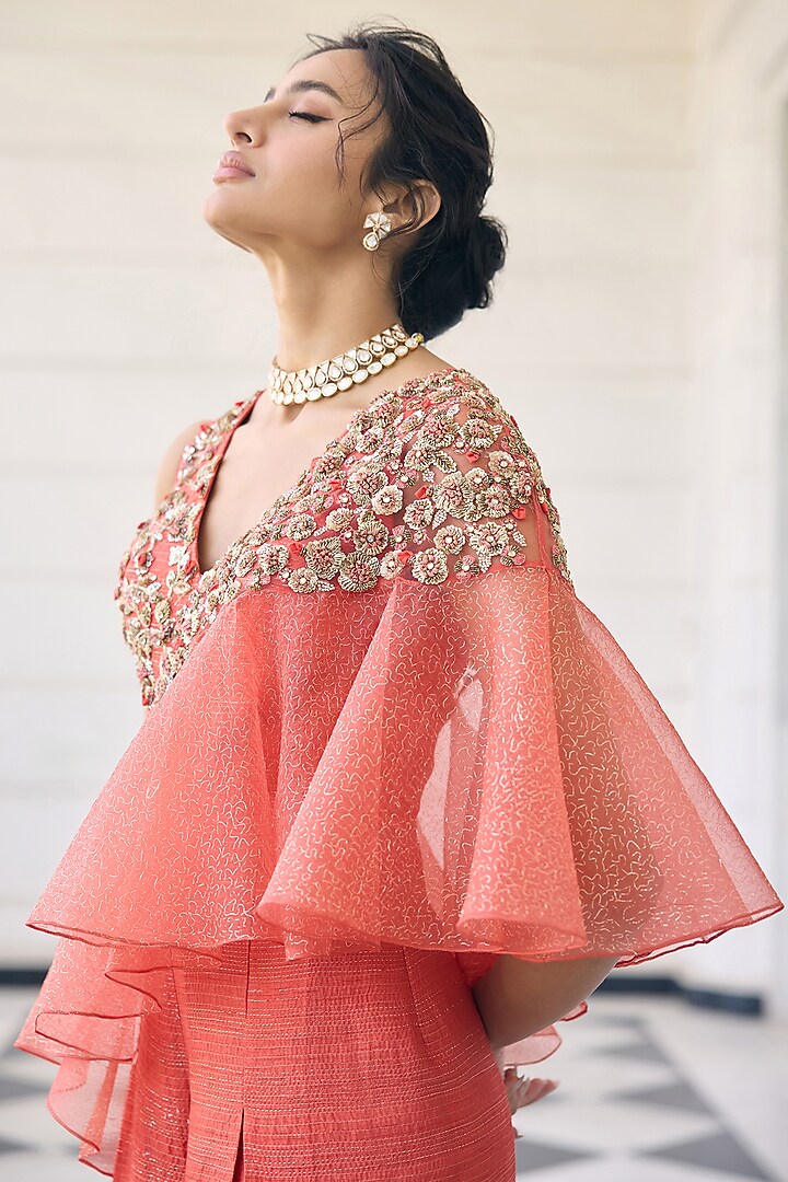 Coral Orange Silk & Organza Embellished Jumpsuit by AWIGNA BY VARSHA & RITTU at Pernia's Pop Up Shop