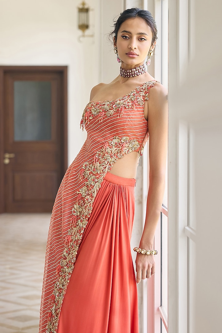 Coral Rust Orange Net & Lycra Skirt Set by AWIGNA BY VARSHA & RITTU at Pernia's Pop Up Shop