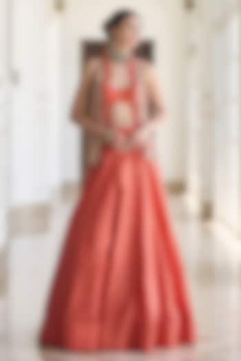 Rust Orange Net & Dola Silk Jacket Wedding Lehenga Set by AWIGNA BY VARSHA & RITTU at Pernia's Pop Up Shop