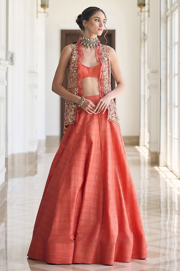 Rust Orange Net & Dola Silk Jacket Wedding Lehenga Set by AWIGNA BY VARSHA & RITTU at Pernia's Pop Up Shop
