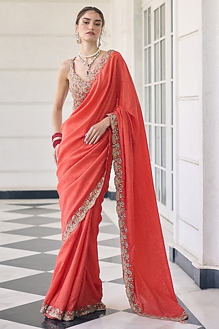 Orange Flat Chiffon Embroidered Saree Set by AWIGNA BY VARSHA & RITTU