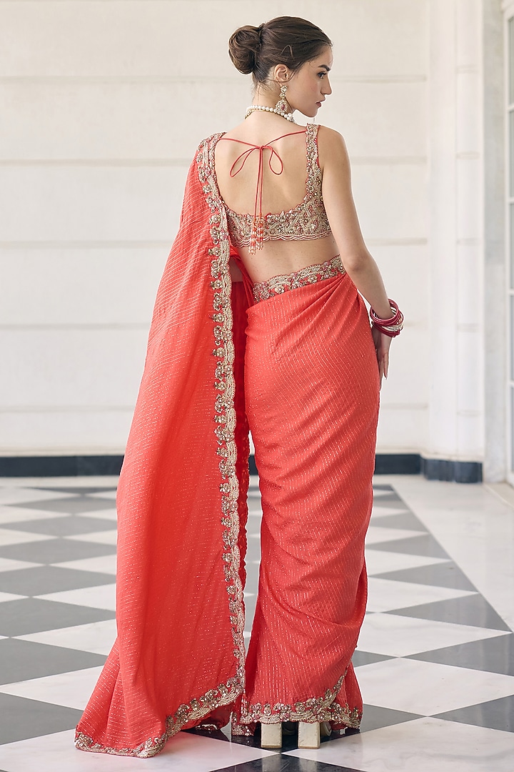 Orange Flat Chiffon Embroidered Reception Saree Set by AWIGNA BY VARSHA & RITTU at Pernia's Pop Up Shop