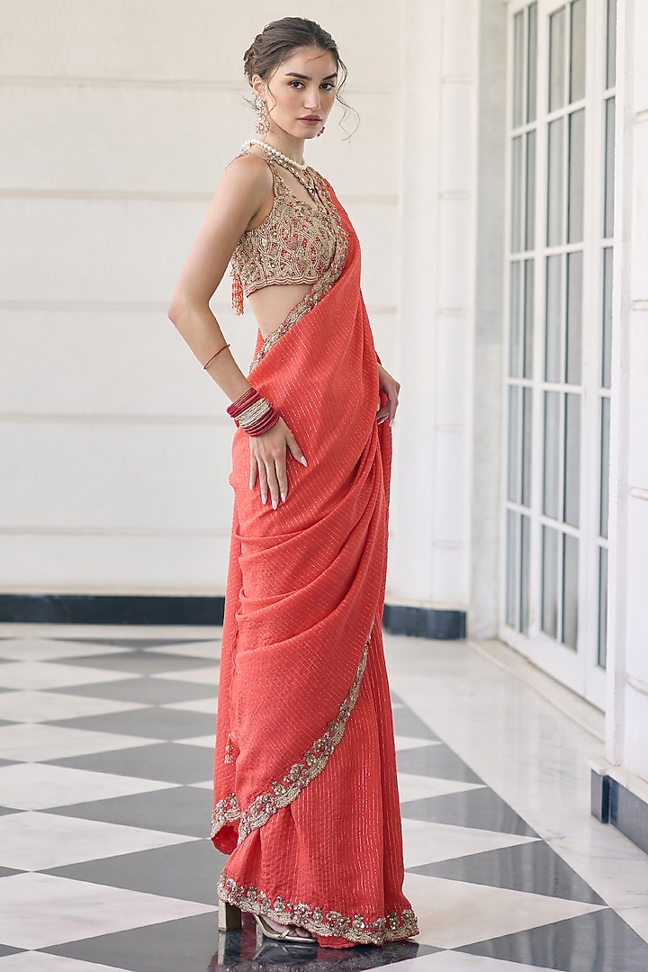 Orange Flat Chiffon Embroidered Reception Saree Set by AWIGNA BY VARSHA & RITTU at Pernia's Pop Up Shop