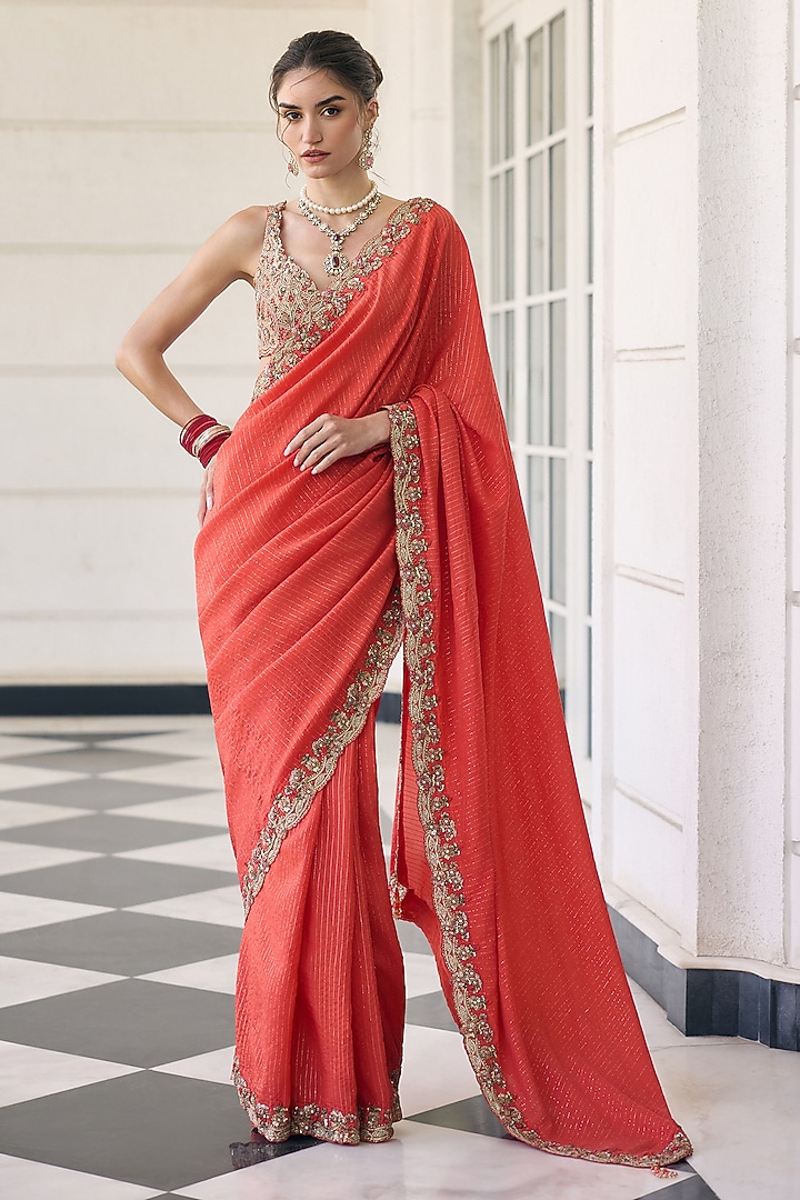 Orange Flat Chiffon Embroidered Reception Saree Set by AWIGNA BY VARSHA & RITTU at Pernia's Pop Up Shop