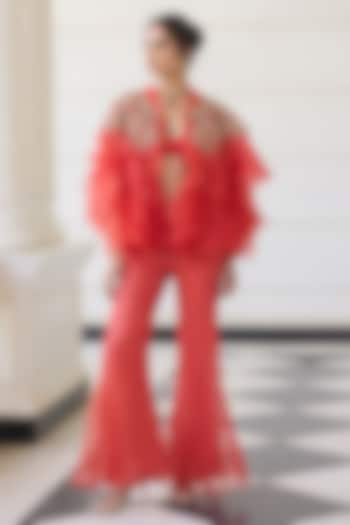 Orange Organza Ruffled & Embellished Cape Set by AWIGNA BY VARSHA & RITTU at Pernia's Pop Up Shop