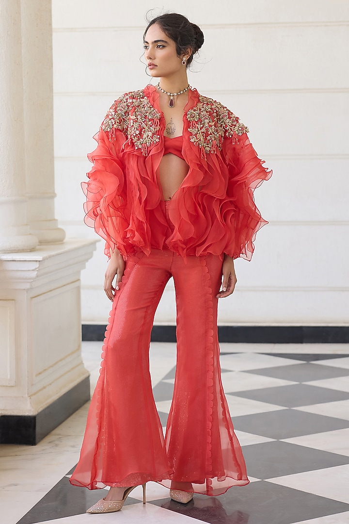 Orange Organza Ruffled & Embellished Cape Set by AWIGNA BY VARSHA & RITTU at Pernia's Pop Up Shop