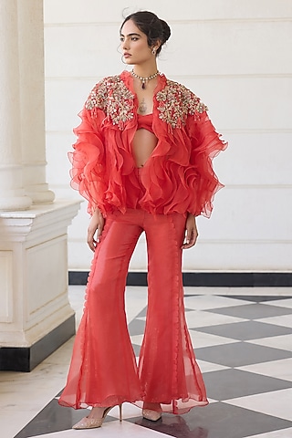 Orange Organza Ruffled & Embellished Cape Set by AWIGNA BY VARSHA & RITTU