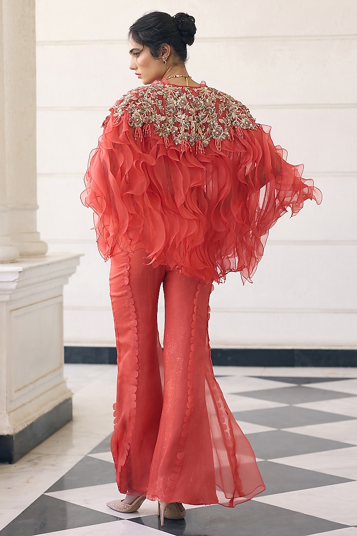 Orange Organza Ruffled & Embellished Cape Set by AWIGNA BY VARSHA & RITTU at Pernia's Pop Up Shop
