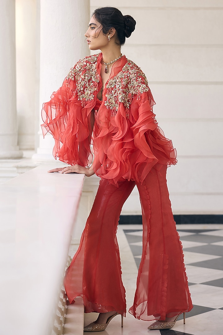 Orange Organza Ruffled & Embellished Cape Set by AWIGNA BY VARSHA & RITTU at Pernia's Pop Up Shop