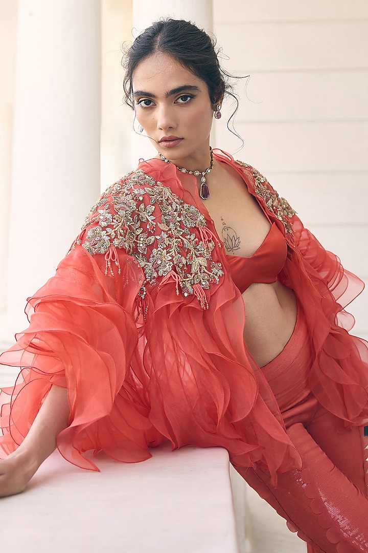 Orange Organza Ruffled & Embellished Cape Set by AWIGNA BY VARSHA & RITTU at Pernia's Pop Up Shop