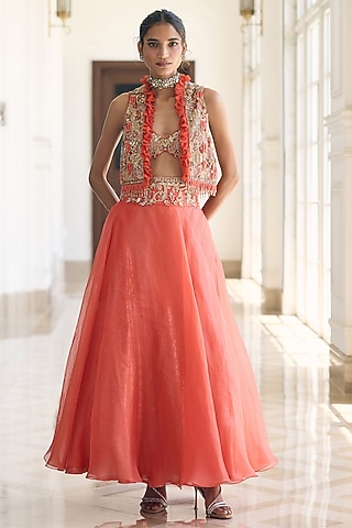 Orange Tulle Embellished Skirt Set by AWIGNA BY VARSHA & RITTU