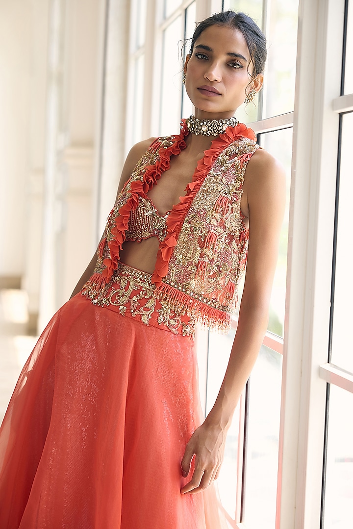 Orange Tulle Embellished Skirt Set by AWIGNA BY VARSHA & RITTU at Pernia's Pop Up Shop