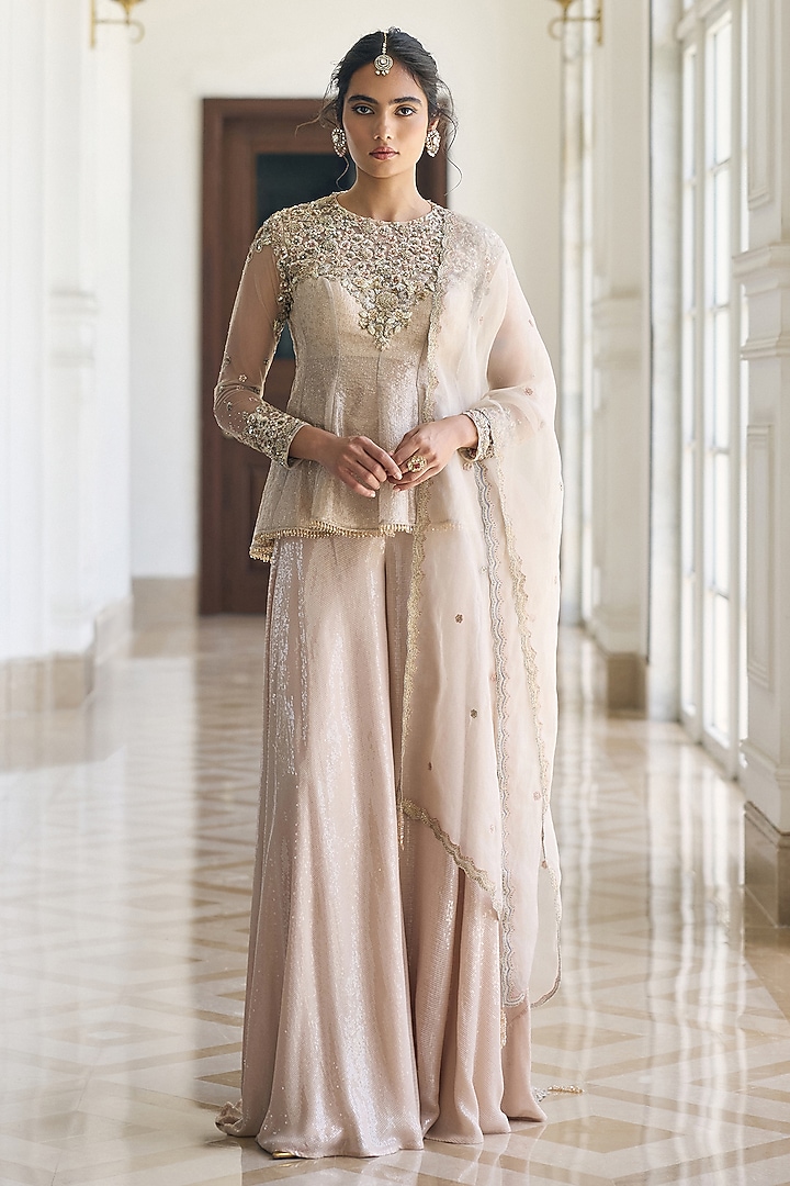 Ivory Tissue & Organza Embellished Wide-Legged Pant Set  by AWIGNA BY VARSHA & RITTU at Pernia's Pop Up Shop