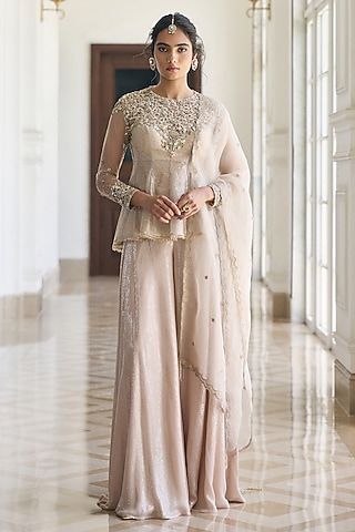 Ivory Tissue & Organza Embellished Wide-Legged Pant Set  by AWIGNA BY VARSHA & RITTU