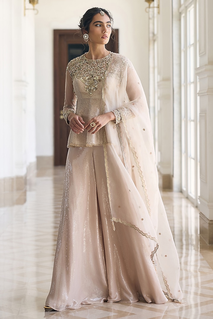 Ivory Tissue & Organza Embellished Wide-Legged Pant Set by AWIGNA BY VARSHA & RITTU at Pernia's Pop Up Shop