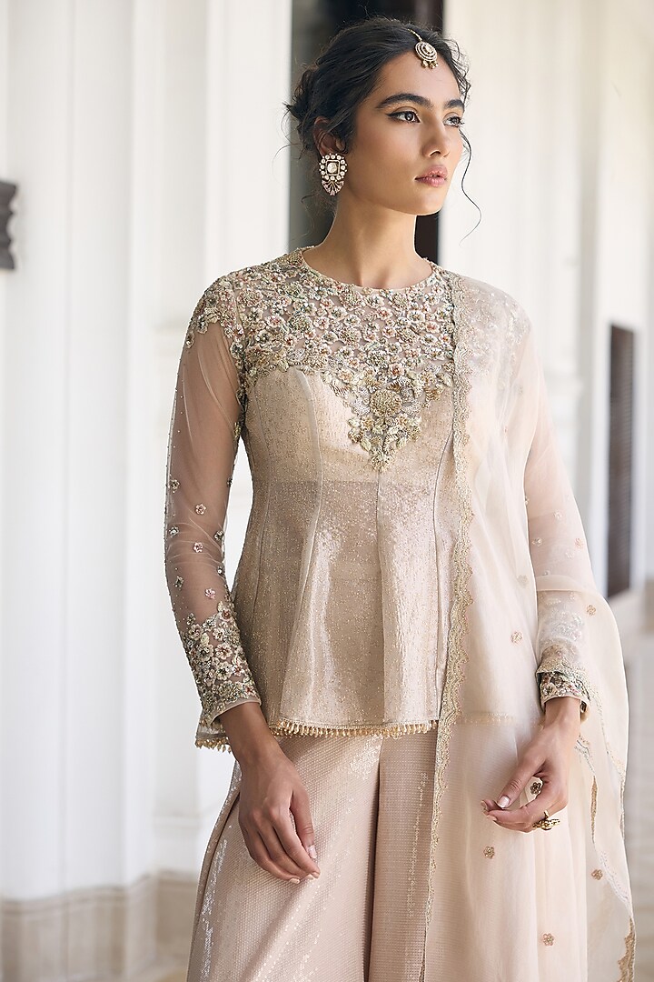 Ivory Tissue & Organza Embellished Wide-Legged Pant Set by AWIGNA BY VARSHA & RITTU at Pernia's Pop Up Shop