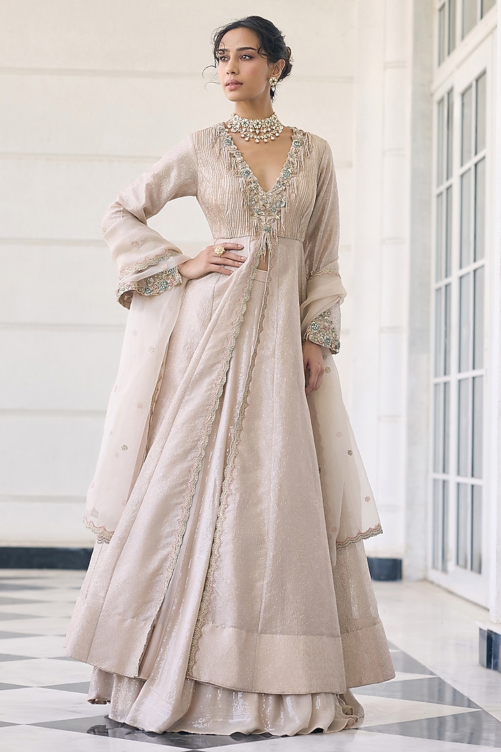 Ivory Tissue & Organza Embellished Bridal Anarkali Set by AWIGNA BY VARSHA & RITTU at Pernia's Pop Up Shop